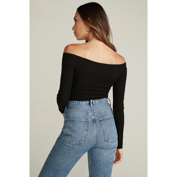 Belen Black Stella Ribbed Long Sleeve Off the Shoulder V-Neck Top EUC Size M - Picture 3 of 10